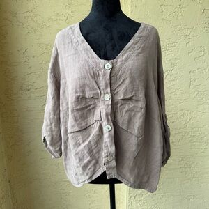 Match Point V-neck Linen Shirt Blouse Sz M Tan Button Front Roll Tab Sleeve